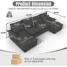 OUYESSIR Sofá Seccional en Forma de U, 132" Sofá Modular Acolchado con Doble Chaise Longue, Consola Central y Puerto USB, Cómodos Sofás Seccionales Grandes de Chenilla para Sala de Estar, Negro Oscuro - Gris Oscuro - Ver 3