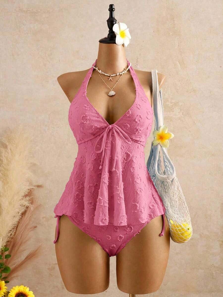 Women's Relaxed Vacation Polka Dot Textured Fabric Camisole Yellow Bikini Tankini Elegant Dress Women Beach Outfit Women's Beach Bikinis Summer - 藕粉色 - 查看 1