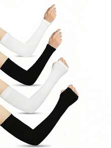 4 Pairs Women's Black & White Straight And Fingerless Fabric Arm Sleeves, Sun Protection - Black and White - View 7