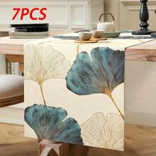 1pc/7pcs Blue, Green, Gold, Silver Ginkgo Leaf Table Runner, Rectangular Tablecloth, Farmhouse Decor For Entryway, Coffee Table, Living Room, Adds Fresh Ambiance For Daily Dining, Holiday Celebration - Multicolor - View 15