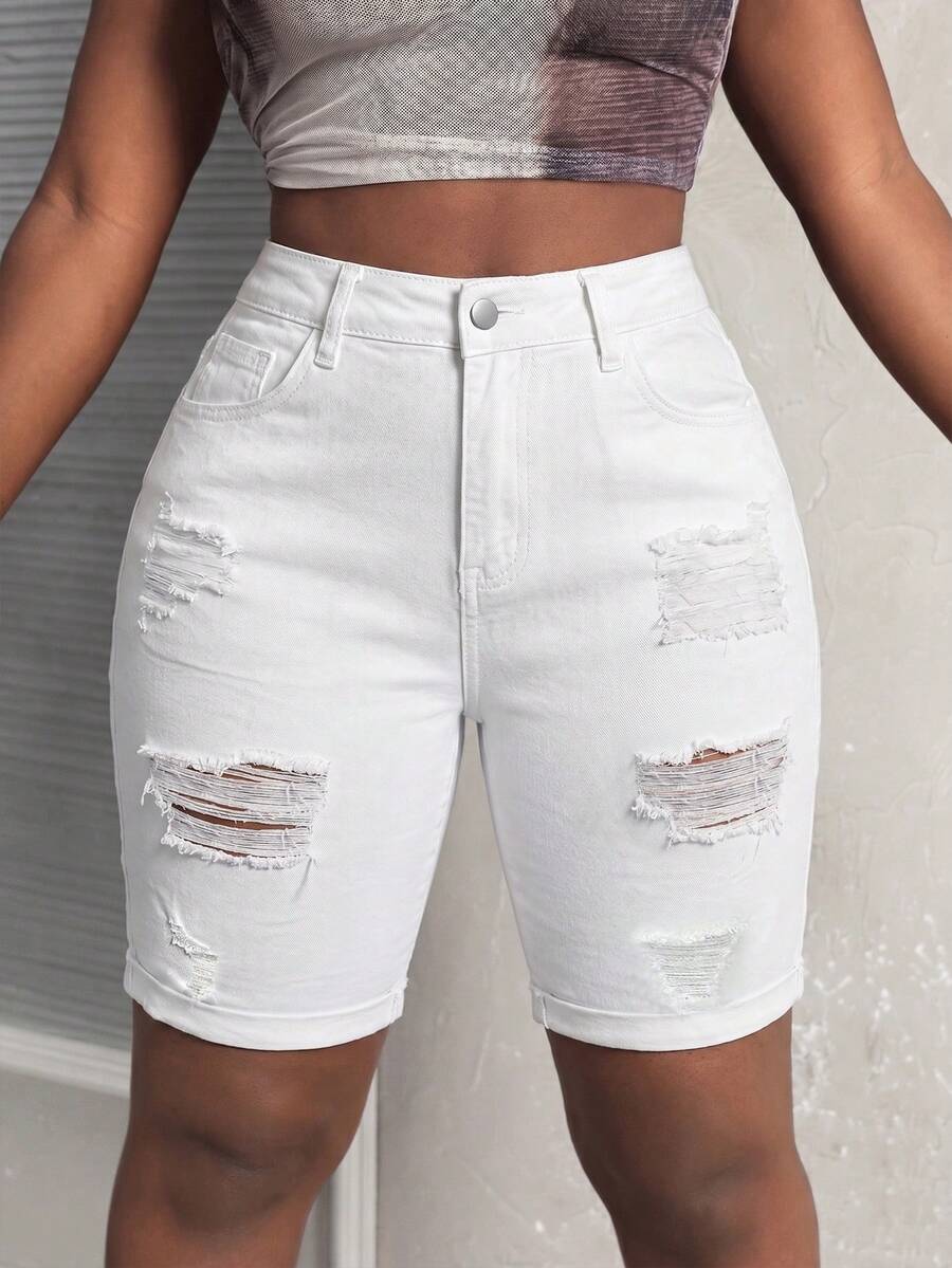 Women's High Waist Distressed Denim Shorts, Raw Hem Rolled Cuff, Summer Vacation Beach Casual Y2K Streetwear - White - View 1