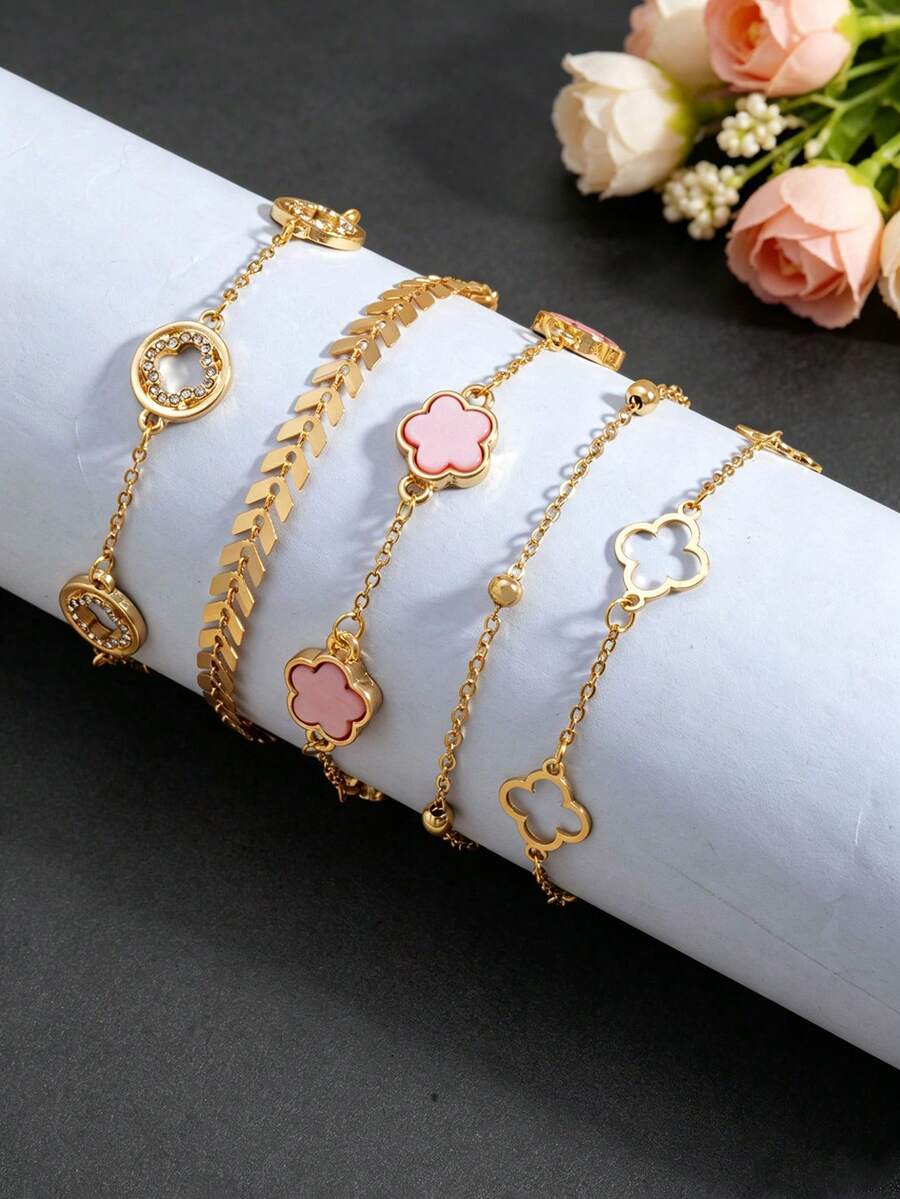 Bộ 5 vòng tay hình cỏ bốn lá rỗng cổ điển và máy bay, vòng tay đa chức năng hình cỏ năm lá may mắn màu hồng có thể xếp chồng lên nhau (Do cắt thủ công, số lượng và khoảng cách giữa các hạt có thể thay đổi ngẫu nhiên nhưng chiều dài cố định, điều này sẽ không ảnh hưởng đến hiệu quả khi đeo). - Nhiều màu - Xem 1