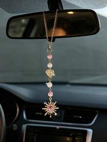 Rose Quartz Sun Shaped Car Rearview Mirror Hanging Decor, Vintage Alloy Pendant Ornament For Women, Car Interior Accessories - A - View 3