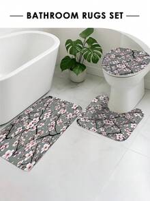1/3/4 pièces Ensemble de salle de bain floral gris Sakura, rideau de douche imprimé vintage élégant de branches roses Sakura, imperméable et anti-moisissure, tapis de bain antidérapant doux + housse de siège de toilette + tapis en forme de U, 12 crochets inclus, convient pour toutes les saisons, décoration de la maison, rénovation locative, rafraîchissement de la salle de bain pour les fêtes, utilisation dans la douche sèche-humide, cadeau pour le réchauffe-maison/anniversaire/fête des enfants/fête des mères/fête des pères - fleurs de cerisier - Voir 5