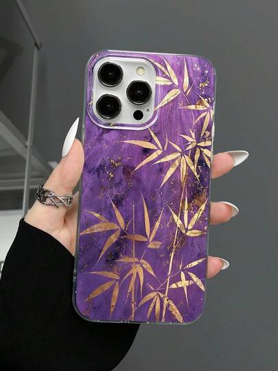 1pc Fashionable Purple Gilded Bamboo Print Chinese Style Phone Case, Fits IPhone11/12/13/14/15/16 16PRO 16PROMAX/17/17PROMAX