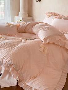 1 Set Princess Style Bow Lace Crafted Bedding Set, French Romantic Soft Jacquard Duvet Cover Set Including 2 Pillowcases And 1 Duvet Cover, Suitable For Home Bedroom Wedding Decoration - Pink - View 11