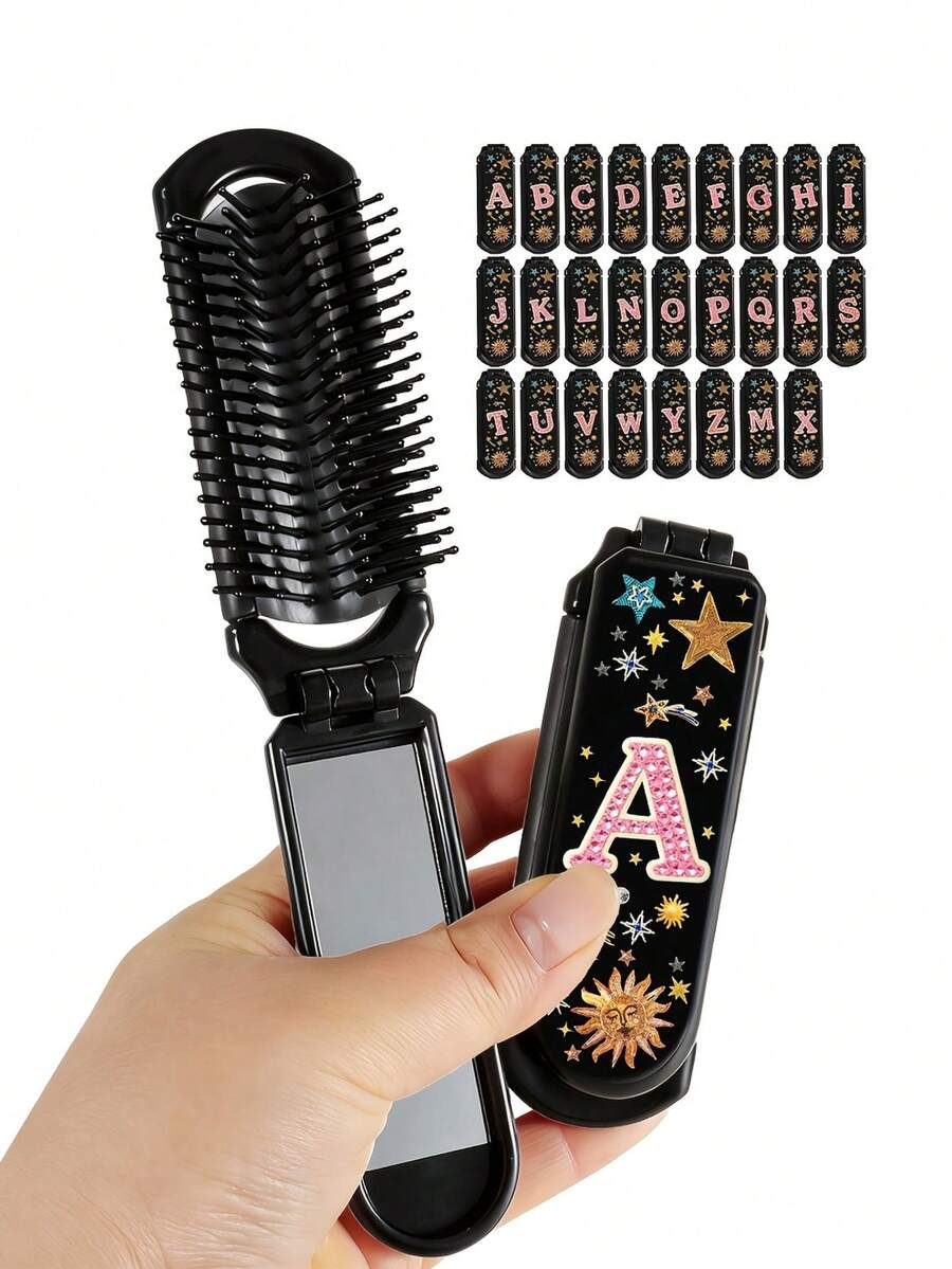 1pc Pink Letter Folding Comb, Y2K Millennium Style, Cute & Cool Letter Folding Comb With Portable Mirror, Girly Star Sun Folding Comb, Portable Mini Comb With Built-In Mirror, All-In-One Travel Comb - Multicolor - View 1