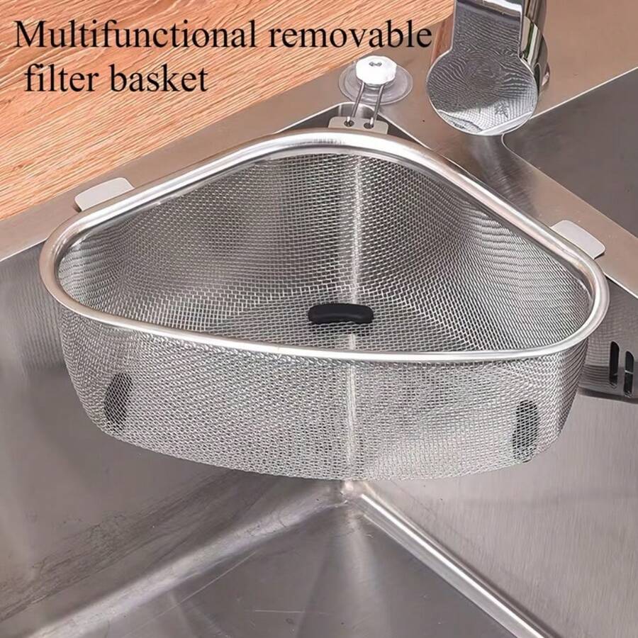 1pc Stainless Steel Triangle Strainer Basket, No-Drill Fit For Sink Corner, Fine Mesh To Catch Food Waste, Rust-Resistant And Durable, Suitable For Vegetable Washing And Filtering, Essential For Home Kitchen, Practical And Thoughtful Gift For Housewarming - Silver - View 1