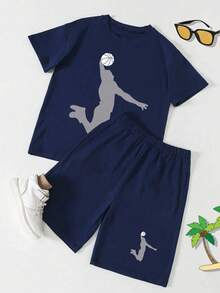 Tween Boy Character Print Short Sleeve T-Shirt And Shorts Casual Outfit - Royal Blue - View 3