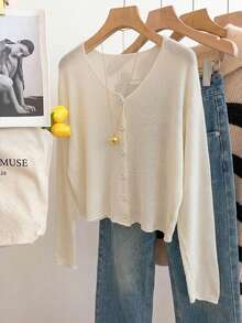 Áo khoác cardigan nữ kiểu retro thanh lịch, cổ tròn, tay dài, cài nút, màu trơn, thích hợp cho mùa hè, xuân, đi nghỉ mát, đi biển, hẹn hò. - Màu be - Xem 7