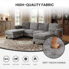 Sofá Modular en Forma de U de 118" con 4 Asientos, con Puertos USB Tipo C, Mesa Lateral Plegable y 2 Reposapiés, para Sala de Estar, Color Gris - Gris-12 - Ver 7