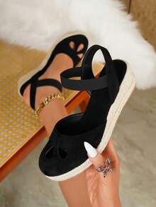 Women's Comfortable Non-Slip Apricot Linen Rope Platform Wedge Sandals, Suitable For Spring And Summer Vacation - Black - View 6