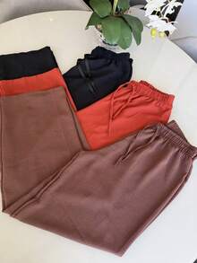 Set Of 3 Women's Wide-Leg Pants Duna High-Waisted Basic Casual Dressy Elegant Comfortable Summer Work - 赤陶色/黑色/棕色 - 查看 8