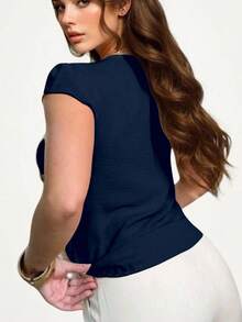 Women's Short-Sleeved Blouse/Shirt In Duna Fabric With Buttons, New 2025, European And American Style. - Dark Blue - View 2