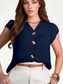 Women's Short-Sleeved Blouse/Shirt In Duna Fabric With Buttons, New 2025, European And American Style. - Dark Blue - View 4