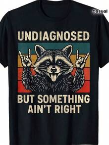 Unisex T-Shirt With A Funny Raccoon Print – "Undiagnosed But Feeling Weird", Vintage Retro Design With A Raccoon And Peace Sign, Moisture-Wicking, Comfortable Fit, Casual Sportswear, T-Shirt With A Humorous Quote, Suitable For Everyday Wear, Men's Clothing, Graphic T-Shirts For Men, Graphic T-Shirts For Women, Men's Clothing, Graphic T-Shirt, Cool T-Shirt, Men, Men's Clothing, Funny Shirts, Summer Tops, Summer, Holiday Outfits, Summer Tops Z9PV JORX - Black - View 1