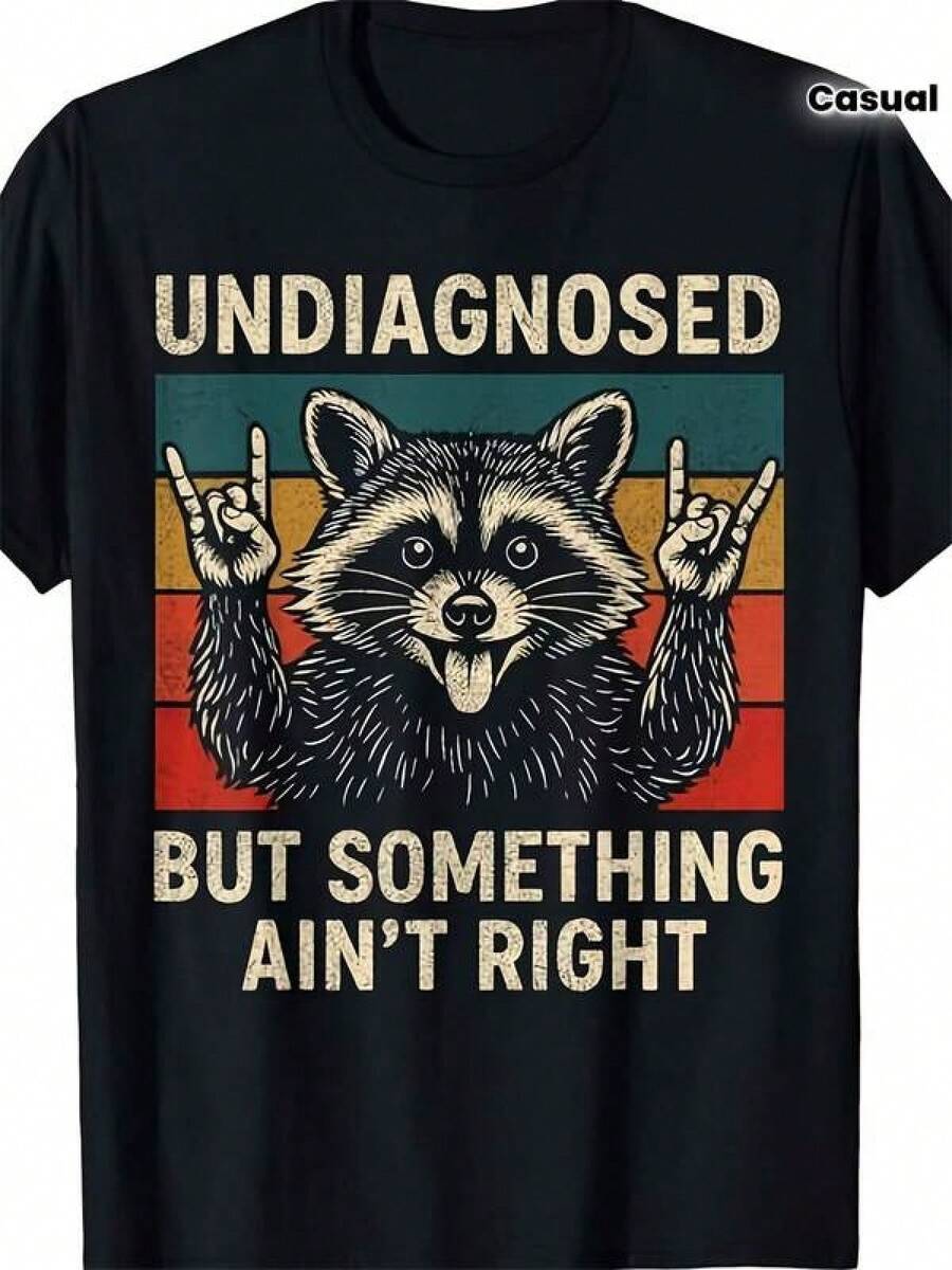 Unisex T-Shirt With A Funny Raccoon Print – "Undiagnosed But Feeling Weird", Vintage Retro Design With A Raccoon And Peace Sign, Moisture-Wicking, Comfortable Fit, Casual Sportswear, T-Shirt With A Humorous Quote, Suitable For Everyday Wear, Men's Clothing, Graphic T-Shirts For Men, Graphic T-Shirts For Women, Men's Clothing, Graphic T-Shirt, Cool T-Shirt, Men, Men's Clothing, Funny Shirts, Summer Tops, Summer, Holiday Outfits, Summer Tops Z9PV JORX - Black - View 1