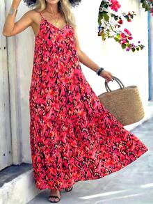 2026 Summer Plus Size Women's Bohemian Floral Print Deep V Backless Casual Sleeveless Maxi Dress - Fashionable And Elegant, Minimalist French Retro Romantic Style; Suitable For Daily Commute, Beach Vacation Wear In Spring And Summer Red - Red - View 2