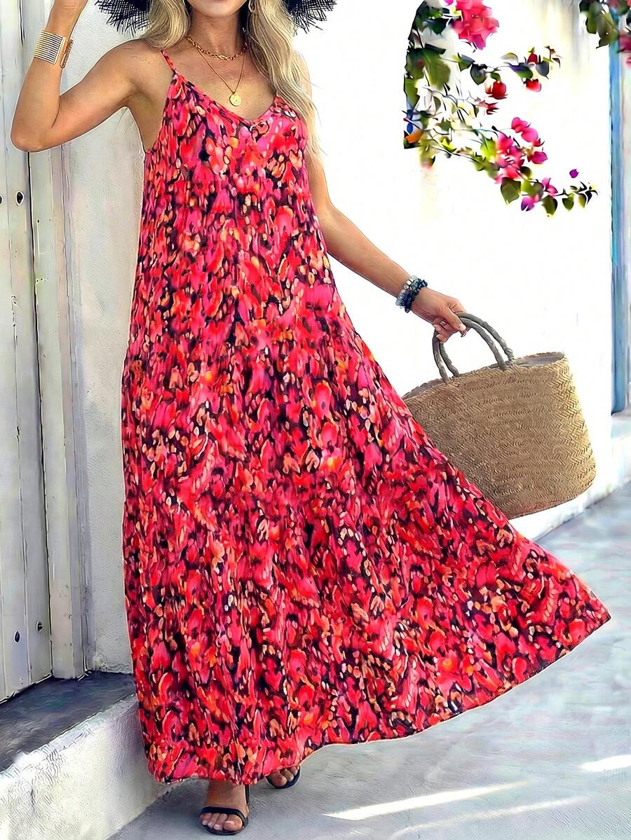 2026 Summer Plus Size Women's Bohemian Floral Print Deep V Backless Casual Sleeveless Maxi Dress - Fashionable And Elegant, Minimalist French Retro Romantic Style; Suitable For Daily Commute, Beach Vacation Wear In Spring And Summer Red