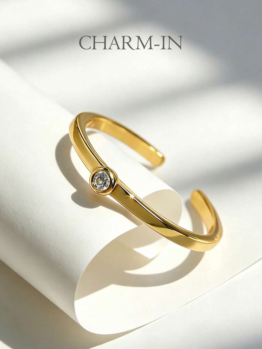 Charm-In Gold-Plated Single Zirconia Open Ring, Minimalist & Elegant, Suitable For Daily Wear And Parties, An Ideal Gift For Women - Gold - View 1