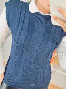 Women's Winter Knit Vest, Blogger Style, Simple, Casual, Knitted In Cable Stitch - Azul Marino - Ver 2