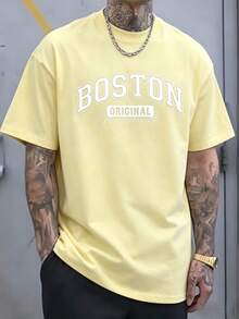 Men 100% Cotton Boston Letter Print Crew Neck Short Sleeve T-Shirt Soft Breathable All Season Casual Tee For Daily & Holiday Gift - 黃色 - 查看 7