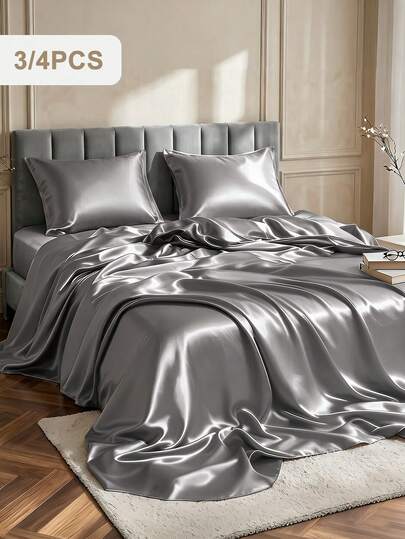 South Life 3/4pcs Satin Fitted Sheet Set, Bedding Set, Bed Sheets, Solid Color Bed Sheet Set, Mattress Cover Set, Skin-Friendly Bed Cover Set,  Smooth, Soft And Comfortable Bedding For Bedroom, Mattress Protector For Bedroom, 1pc Flat Sheet, 1pc Fitted Sheet With 1/2pcs Pillowcase, Deep Pocket, For Single, Twin, Full, Queen And King Bed Sizes, Machine Washable, Fathers Day Decor, Birthday Decorations, Grad Party Decor, Fathers Day Gift, Graduation Gifts, Birthday Gifts
