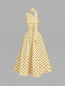 Vestido de verano de longitud media sin mangas con estampado de lunares elegante para mujer - amarillo ganso - Ver 4