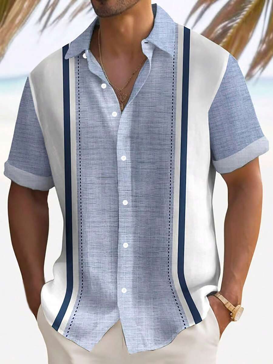 Vintage Striped Bowling Texture Print Men's Lightweight Loose Button-Down Short Sleeve Shirt - Baby Blue - View 1