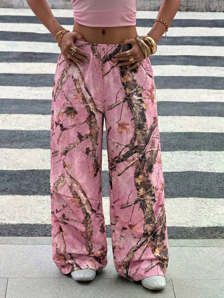 女士新款百搭时尚木纹印花经典休闲裤 - 彩色 - 查看 1