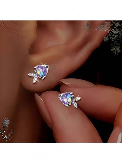 1 Pair Cute Fish Shaped Earrings, Elegant And Adorable. Made Of Zirconia, Suitable For Daily Wear, Parties, Beaches, Vacations Or As Gifts