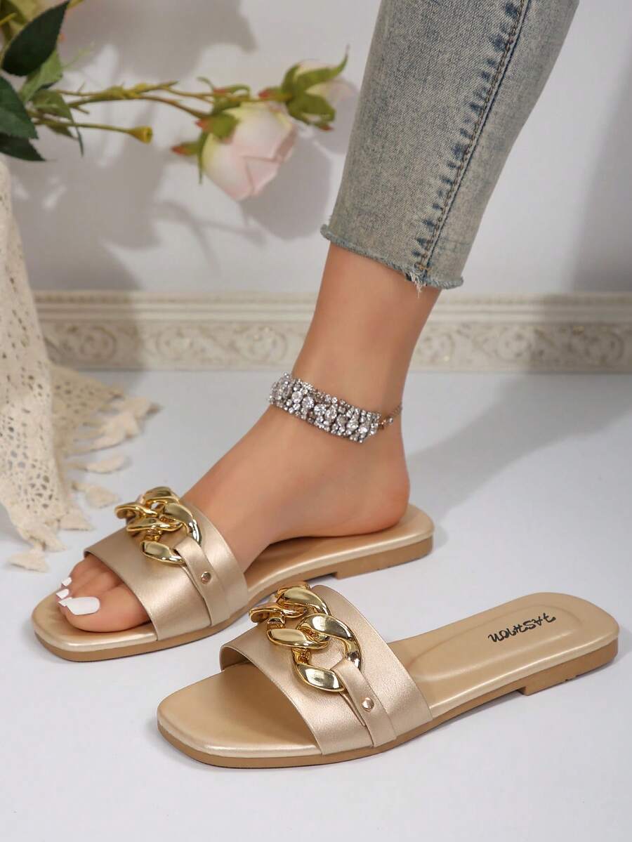 Sandalias De Mujer En Color Dorado Con Detalle De Cadena, Cómodas Y Elegantes Para Uso En Interiores Y Exteriores