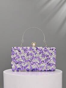 1pc Ombre Purple & White Sequin Clutch Bag, Shiny Metal Handle Evening Handbag, Suitable For Women's Party And Wedding - Violet Purple - View 6