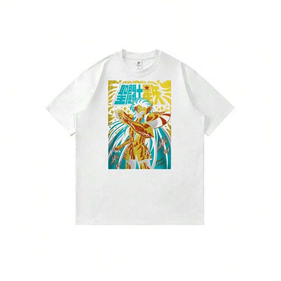 Saints-Seiyas-Aquarius-Camus-Diamond-Dust Classic Anime Figure Print Tee Unisex Summer Lightweight Short Sleeve T-Shirt - trắng - Xem 1