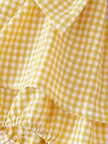 Pelele sin mangas con estampado de cuadros, decoración de lazo 3D y diseño de botones para niñas bebé, adecuado para salidas diarias en primavera y verano - Amarillo - Ver 8