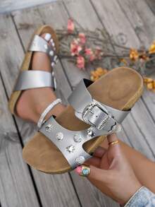 Retro Punk Style Rivet Sandals, Women's Double Strap Metal Buckle Soft Wood Bottom Outdoor Slippers, Fashionable Suitable For Daily Wear - Silver - View 3