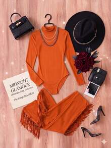 CALEBGAR Women's Sexy Two Piece Outfits Long Sleeve Fringe Pants Set Clubwear Going Out Birthday Party Night Outfits - 橘色 - 查看 5
