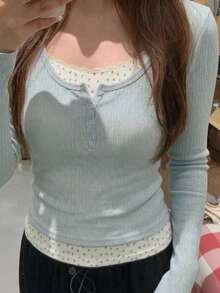 2-In-1 T-Shirt Women, Ditsy Floral Knit Casual Commuter Top Spring - Grey - View 3