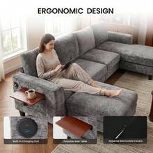 Sofá Modular en Forma de U de 118" con 4 Asientos, con Puertos USB Tipo C, Mesa Lateral Plegable y 2 Reposapiés, para Sala de Estar, Color Gris - Gris-12 - Ver 4