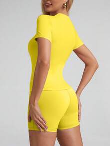 6pecil Buttery Soft Solid Color Slim Fit Fitness T-Shirt, Breathable Short Sleeve Yoga Top, High Quality Elastic Gym Shirt - Yellow - View 8
