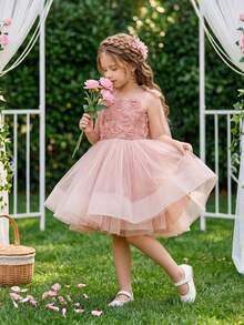 Ärmelloses Prinzessinnen-Partykleid für Kleine Mädchen mit Schleife, Tüll und rückenfreiem Design, geeignet für Geburtstagsfeier, Abschlussball, Schönheitswettbewerb, Blumenmädchen, Brautjungfer, Hochzeit, besondere Anlässe - Pink - Übersicht 2