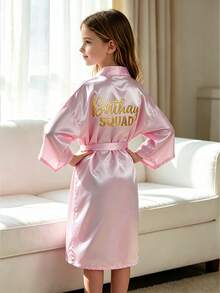 Tween Girl Pink "Birthday Squad" Printed Loose Waist Tie Robe - Multicolor - View 3