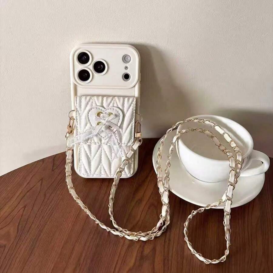 New Heart Lace Bow Card Holder Crossbody Strap, Compatible With IPhone 17 Pro, 16 Pro Max, New 15 Pro/14/13/12 Cartoon Phone Cases, Compatible With IPhone 14 Pro Max/15/12/11/1 Pro Max/16 Pro, Anti-Drop 17 Pro Max Protective Case - White - View 1