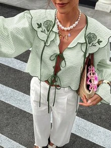 Spring/Summer Tie Collar Ruffle Flare Sleeve Blouse, Sweet Elegant Lady Shirt For School, Party, Wedding, Beach, Vacation, Pink - Green - View 2