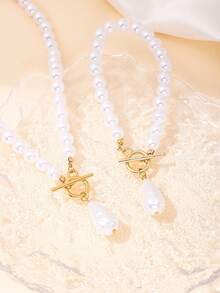 Set de 2 piezas de pulsera y collar elegante y versátil con perlas falsas - Blanco - Ver 5