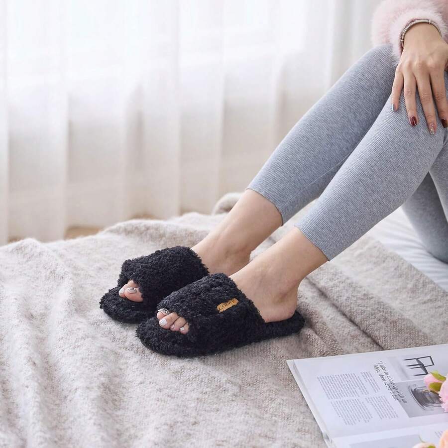 Adjustable Open - Toe Women's Slippers Cozy Fuzzy Memory Foam Indoor Outdoor Non - Slip Cute Ladies Sandals Gifts For Women Mom Bridesmaid White - 黑色 - 查看 1