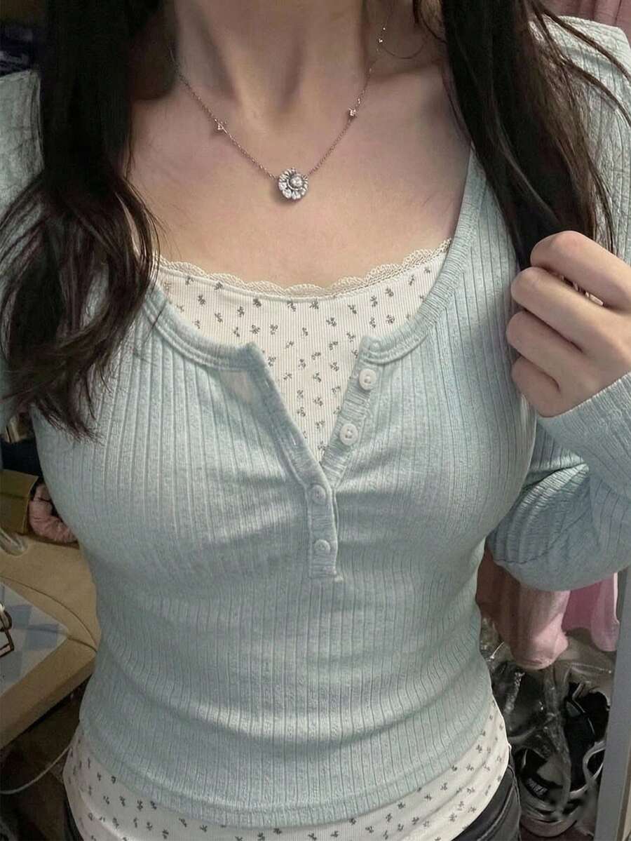2-In-1 T-Shirt Women, Ditsy Floral Knit Casual Commuter Top Spring - Grey - View 1