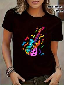 T-Shirt With American-Style Guitar Print - 黑色 - 查看 1