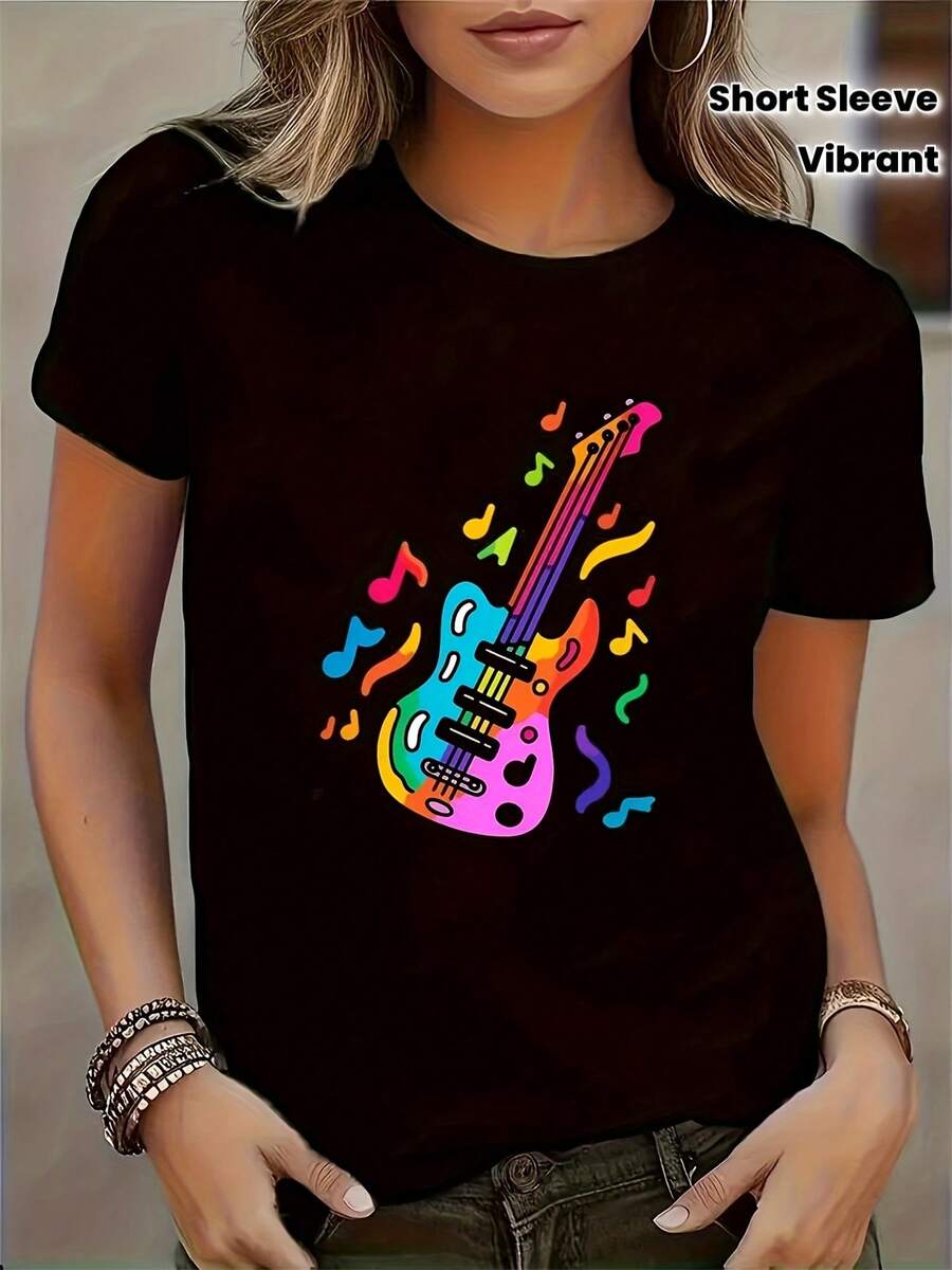 T-Shirt With American-Style Guitar Print - 黑色 - 查看 1