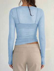 Y2K Style Elastic Sheer Long Sleeve Crew Neck Fitted T-Shirt Top - Baby Blue - View 2